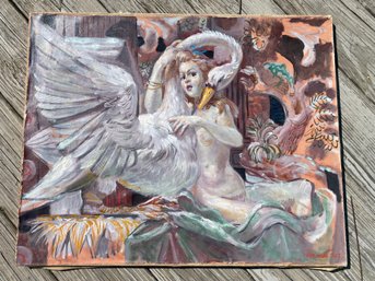 Mid-Century Oil On Canvas, Leda And The Swan, Signed Hermes 1963