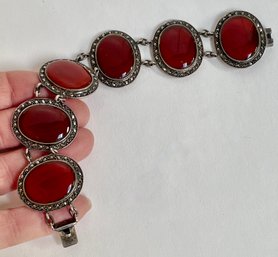 1980s Sterling Silver Marcasite & Faux Carnelian Bracelet