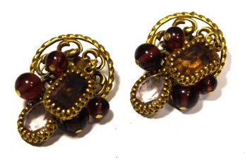 Gold Tone Signed CORO Clip Earrings Purple & Citrine Colored Stones