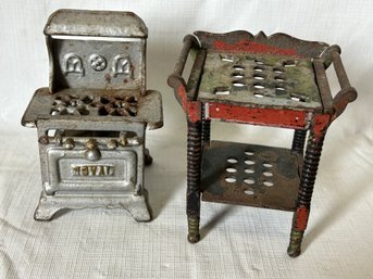 Antique Cast Iron Dollhouse Furniture Pairing- Stove And Open Pie Stand