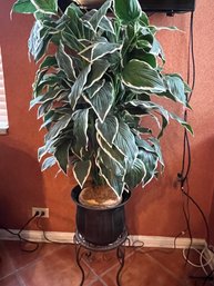 Faux Hosta Plant In Large Metal Planter Pot