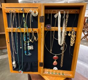 Mirrored Wood Swivel Jewelry Box Filled With Jewelry