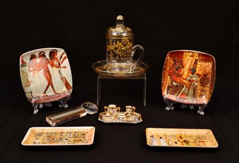 Limoges Miniature Gold Trim Tea Set, Ancient Eygptian Art Trinket Trays, And More Tabletop Accessories