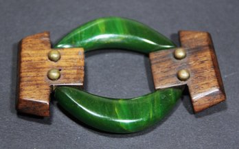 Green Bakelite Carved Wood Belt Buckle