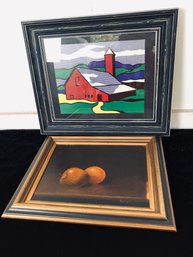 Original Framed Oil Fruit Still Life And Framed Roy Lichtenstein Print