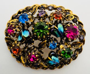 VINTAGE SIGNED KARU ARKE AUSTRIA MULTI RHINESTONE GOLD TONE BROOCH