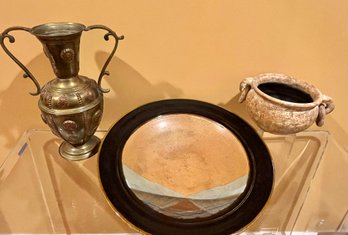 Gorgeous Hand Thrown Pottery Shallow Bowl, Clay Planter Pot, Brass Handled Vase From Morocco