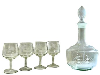 Russian Hand Made Crystal Decanter & 4 Glasses