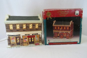 Collectible American Village Scene Lighted Porcelain FW Woolworth Store - Working