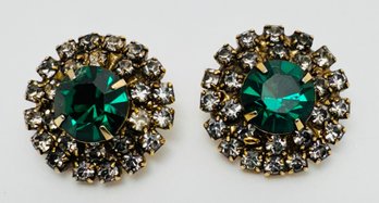 VINTAGE SIGNED KRAMER GREEN & WHITE GOLD TONE RHINESTONE CLIP-ON EARRINGS