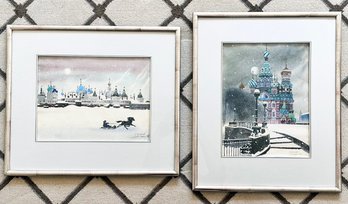 A Russian School Gouache On Paper Pairing: Moscow In Winter, Signed And Titled In Cyrillic