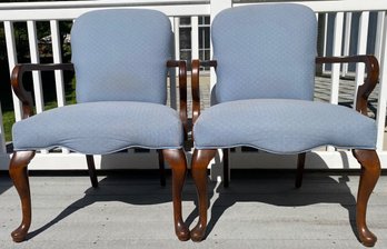 Pair Queen Ann Blue Upholstered Open Arm Chairs (2)