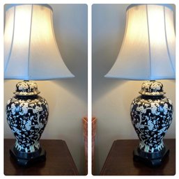 Pair Of Black & White Ginger Jar Cherry Blossom Motif Table Desk Lamps 29'