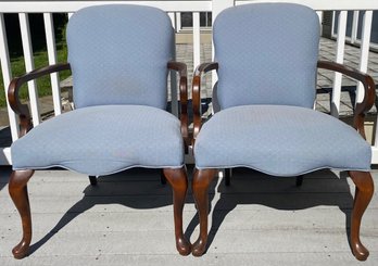 Pair Of Queen Ann Blue Upholstered Open Arm Chairs (2)