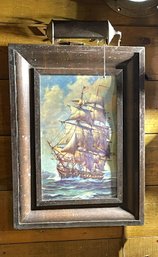 Vintage Ship Print In Heavy Wood Frame With Brass Light