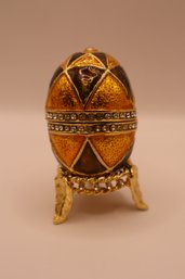 Orange Enamel And Rhinestone Egg Trinket Box With Stand