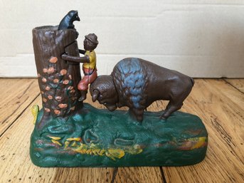 Vintage Book Of Knowledge Mechanical Bank Butting Bull Cast Iron WORKS Man Tree