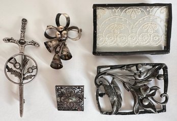 5 Vintage Pins: Filigree, Scottish Cross, Framed Lace & More