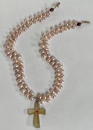 Faux Pink Pearl Necklace - Carved Horn Cross With Coral Bead