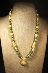 Vintage Off-white Green Polka Dot Nplastic Necklace