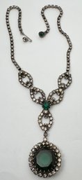 VINTAGE SILVER TONE GREEN & WHITE RHINESTONE NECKLACE