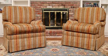 Pair Of Taylor King Finely Crafted Patterned Striped Chenille Skirted Swivel Low Armchairs