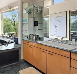 A Maple Burled Wood Laminate Finish Vanity - Marble Top - Primary Bath