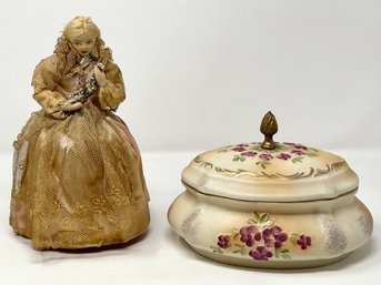 Antique Polish Vanity Box Doll And Hand Painted Porcelain Lidded Trinket Box