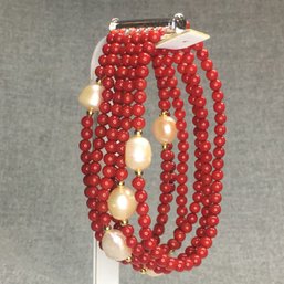 Fabulous Coral Bead, Pearl, Gold Bead & Sterling Silver Multi Strand Bracelet - $495 Retail - Very Nice !