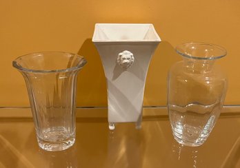 3 Piece Lot Of Vases - Ceramic With Lions Head Accent And Glass