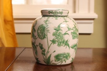 Chinese Hand-painted Green & White Ginger Jar, Stamp Signed