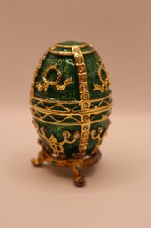 Green Enamel And Rhinestone Egg Trinket Box With Stand