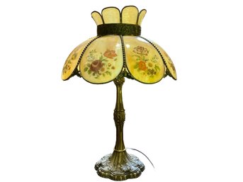 Ornate Heyco Brass Dual Arm Lamp With Slag Glass Shade