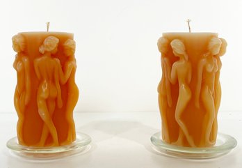 A Pair Of INTIRA Candle Factory Lalique 'Bacchantes' Figural Candle - NEW