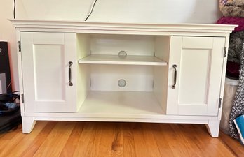 White Wood TV Console With Six Shelves & With Two Front Doors To Open Shelves - Can Be Adjustable        Den