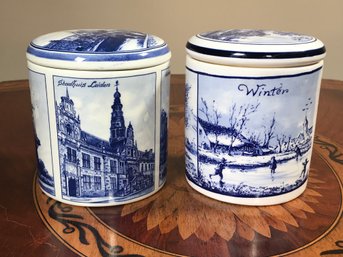 Two Very Nice Vintage BLUE DELFT Lidded Jars - Compatible Pair - Made In Holland - All Hand Painted - NICE !