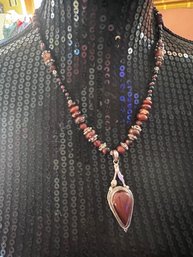 Beautiful Red Cabochon And Sterling Beaded Pendant Necklace