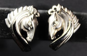 Designer Signed 'CAMERON' Sterling Silver Tiny Diamond Horse Head Pierced Earrings