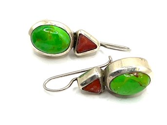 Vintage Sterling Silver Turquoise Green And Coral Color Earrings