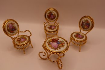 Limoges France Porcelain And Gold Tone Metal Doll House Table And 3 Chairs