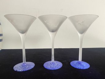 Set Of 2 Grey Goose Martini Cobalt Blue Frosted Stem Glasses