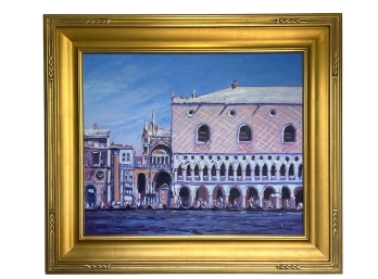 Lovely Framed Painting - Ancient Venezia Waterfront Cityscape With Gold Leaf Trim