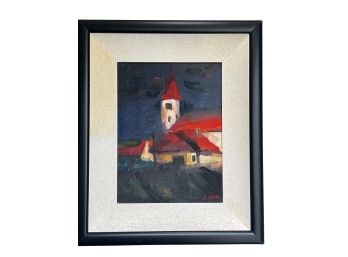 Framed Original Oil Painting - Red Roofed Village Homes