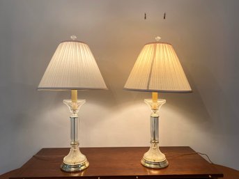 Glass Candlestick Base Lamps With Pleated Shades And Crystal Finials