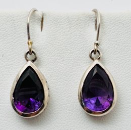 STUNNING STERLING SILVER PEAR SHAPED AMETHYST DANGLE EARRINGS