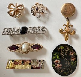 6 Vintage Brooch Pins Including Fleur De Lis Locket, & Shamrock Brooch Pin