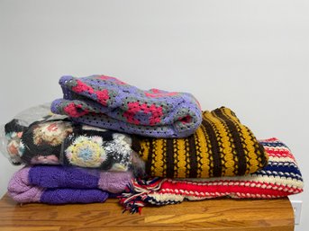 Collection Of 5 Knitted ' Afghan Granny' Throw Blankets.