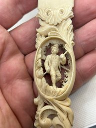 Ornately Carved Antique Circa 1830s Carved Ivory European Page Turner- Pierced Handle W Hunter And Scrollwork