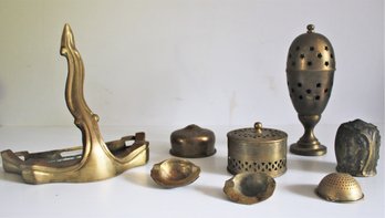 Mixed Lot Of Assorted Brass With Potpourri Tin, Brass Wall Sconce, Lidded Votive And More