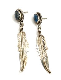 Vintage Sterling Silver Native American Style Lapis Feather Earrings